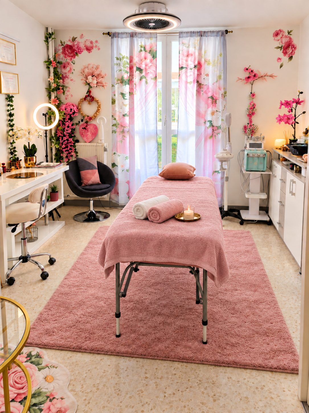 La cabine de soins de l'institut, table de massage rose et rideaux fleuris