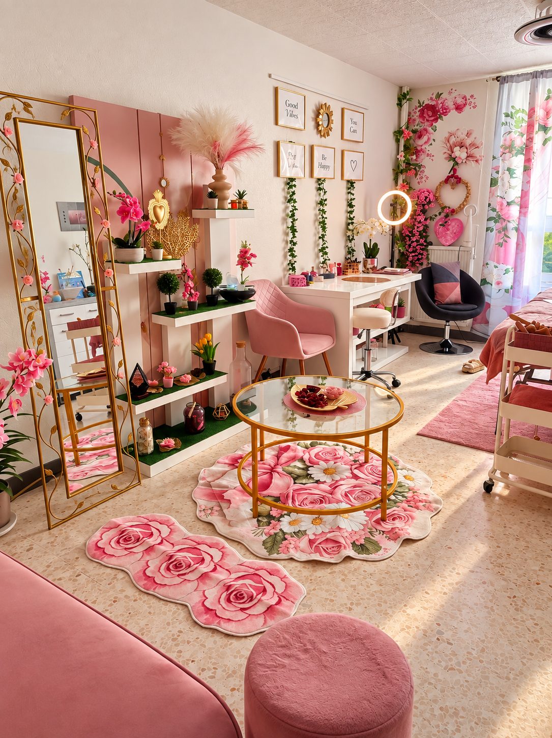 Vue de l'institut, miroir doré, étagères fleuries et tapis à roses